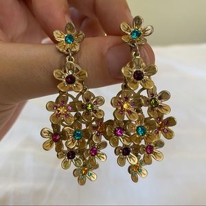 Gold Floral Dangly Earrings w/ Various Jewels
